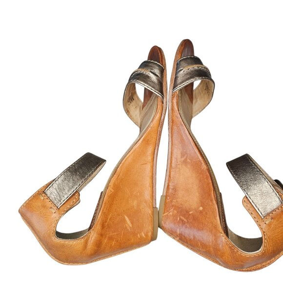 Frye Carol Seam Bronze Leather Open Toe Wedge Sandals Cognac Tan Size 7 - Picture 7 of 12